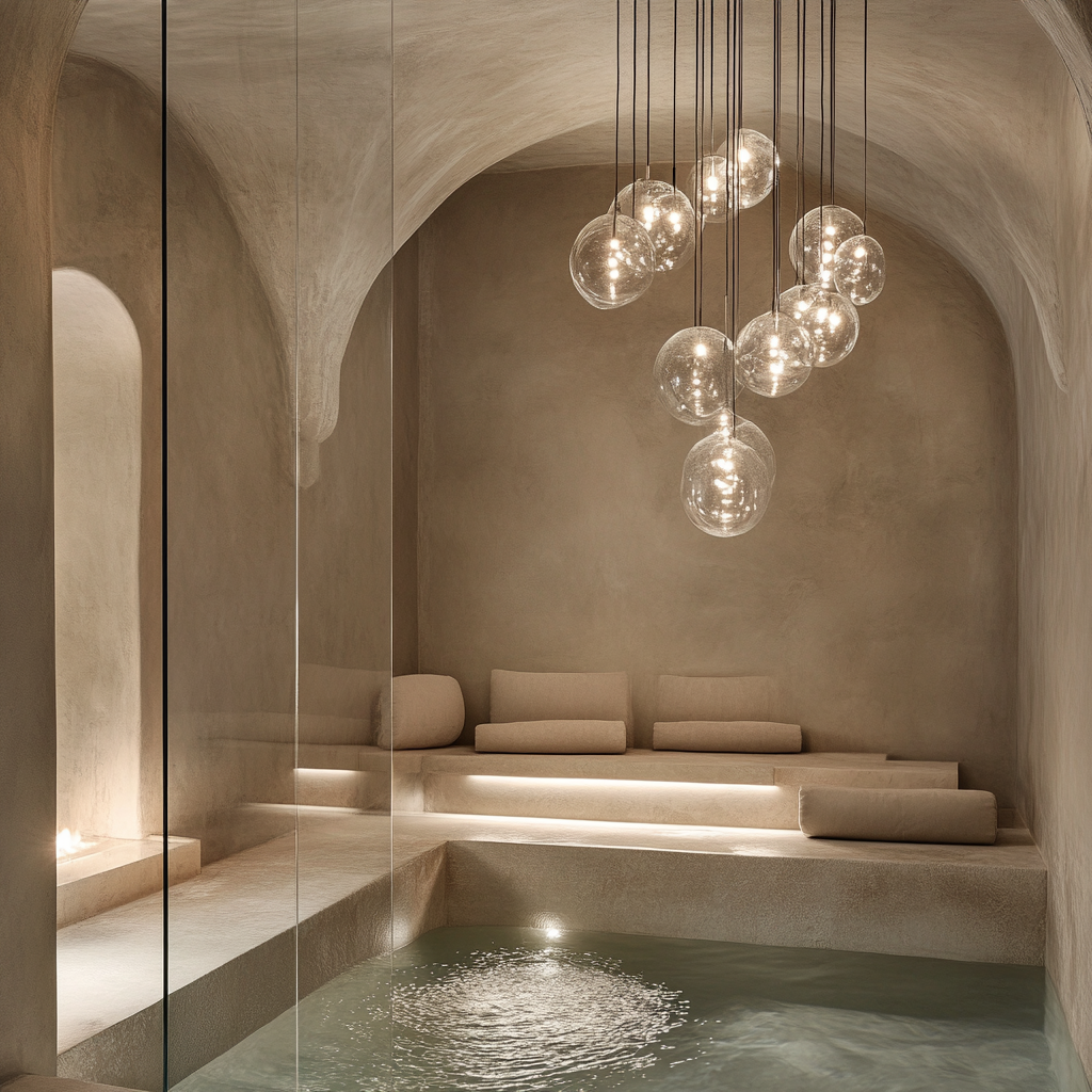 Luxury modern therme with natural colors and soft lighting.