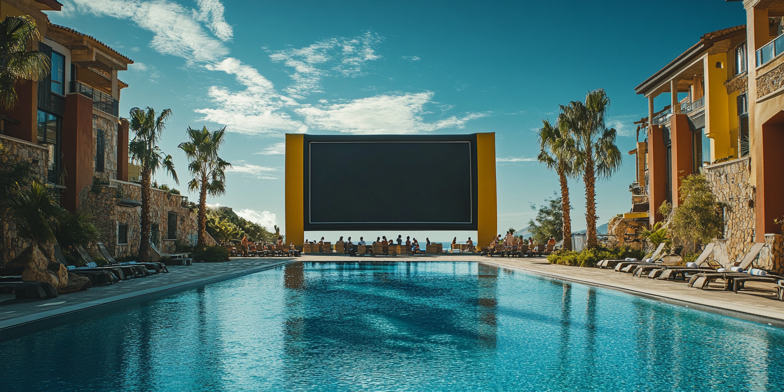 Luxury open air movie theatre by pool.