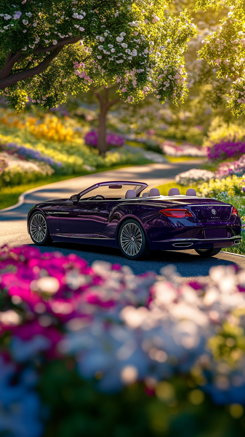 Luxury purple car in spring garden, photorealistic view.