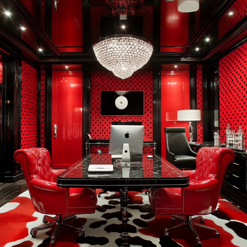 Luxury red and black office with dalmatian print