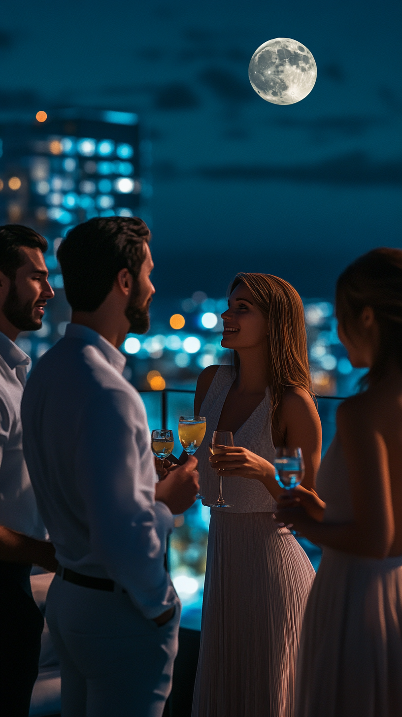 Luxury rooftop party with young adults, cityscape view, moonlit night.