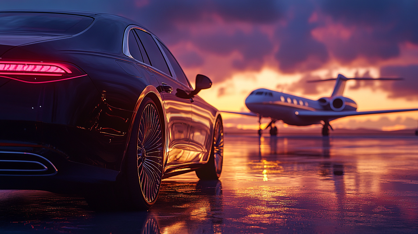 Luxury sedan in foreground, private jet in background.