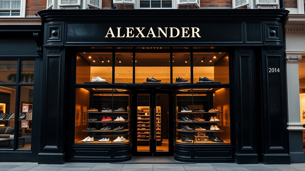 Luxury shoe store called Alexander on London's main street.