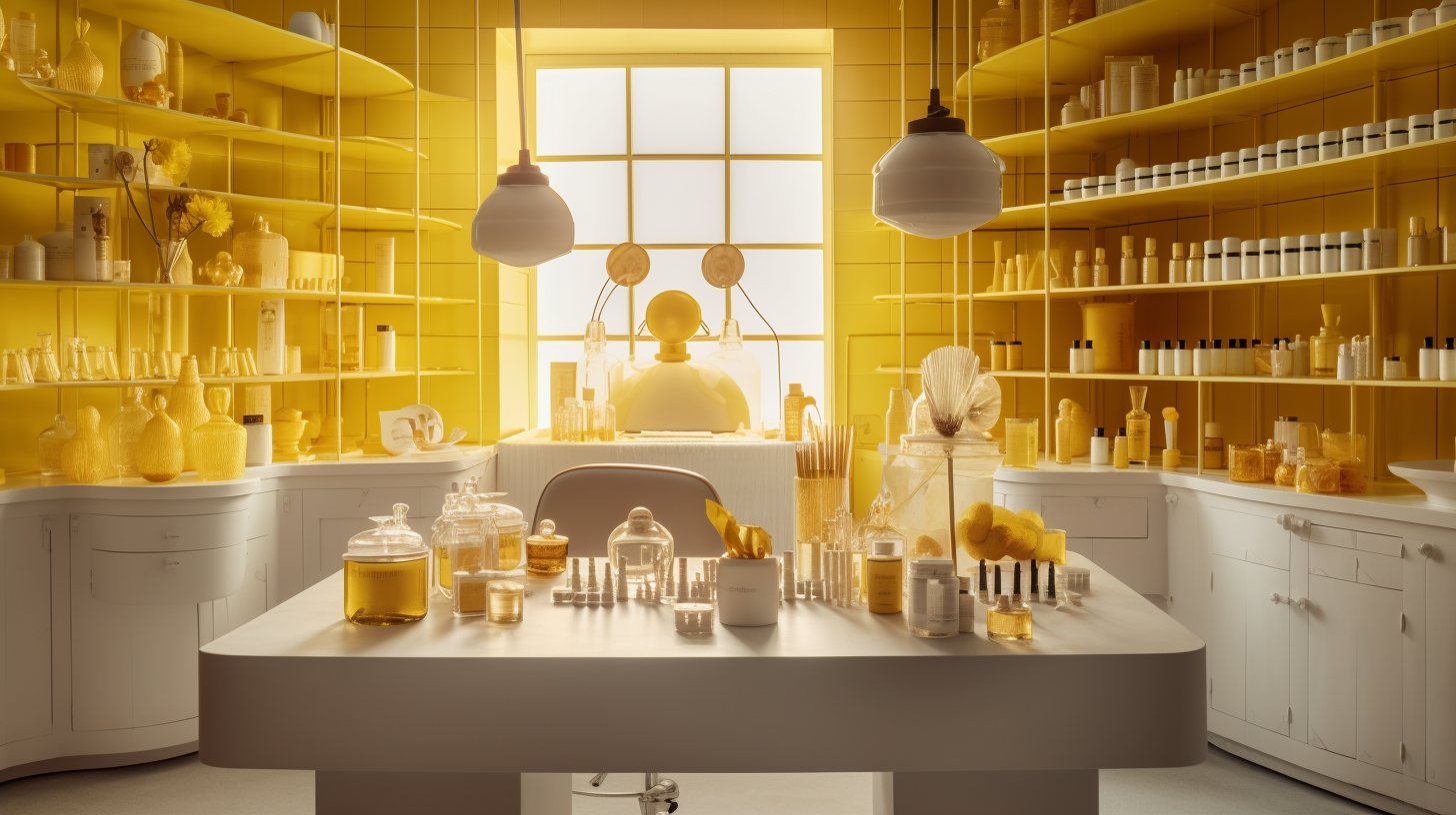 Luxury skincare lab with yellow décor and beakers.