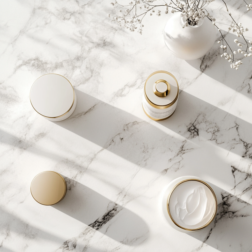 Luxury skincare product with gold on marble counter