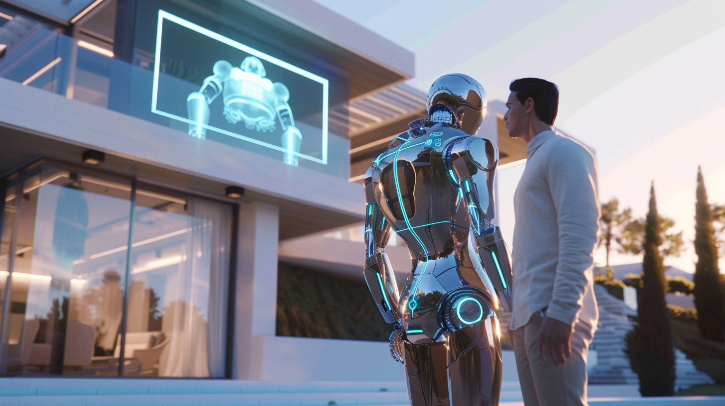 Luxury villa tour with futuristic AI robot host.