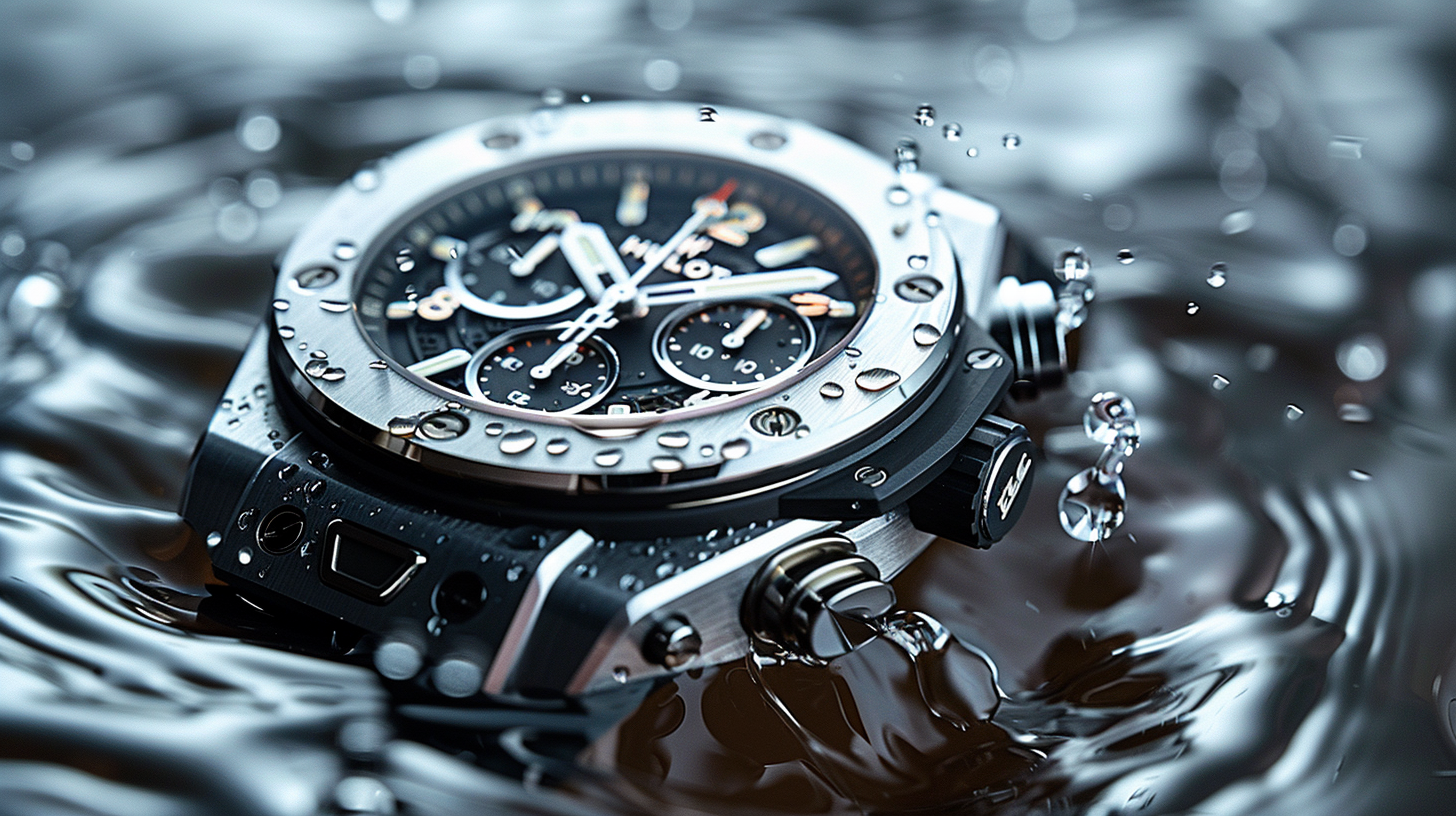 Luxury watch dissolves into water droplets dramatically.