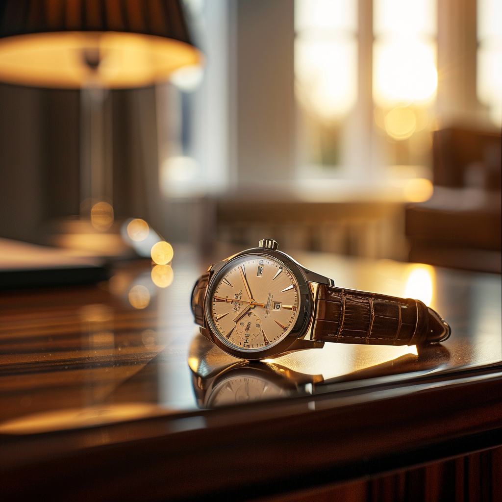 Luxury wristwatch on desk with elegant lighting, shadows. Canon EOS.