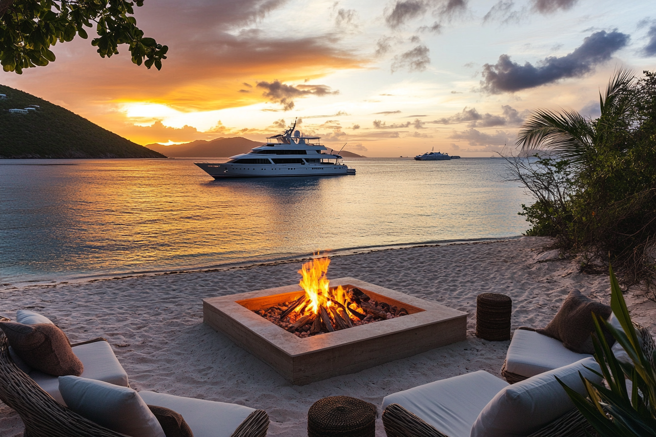 Luxury yacht anchored in golden hour light.