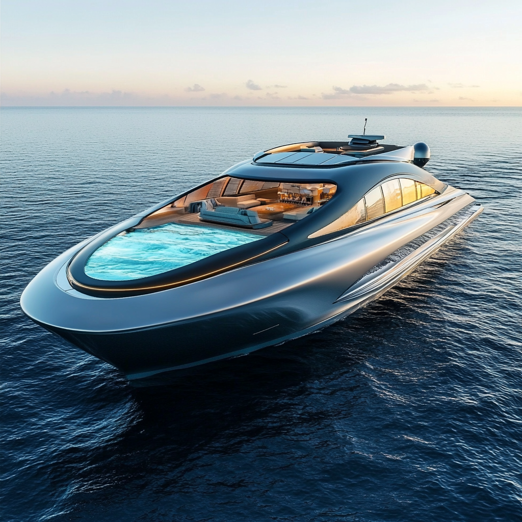 Luxury yacht in 2040 on blue waters with pool