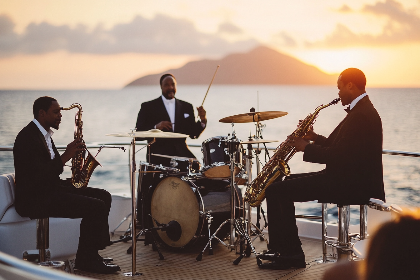 Luxury yacht in BVI, jazz band playing softly.