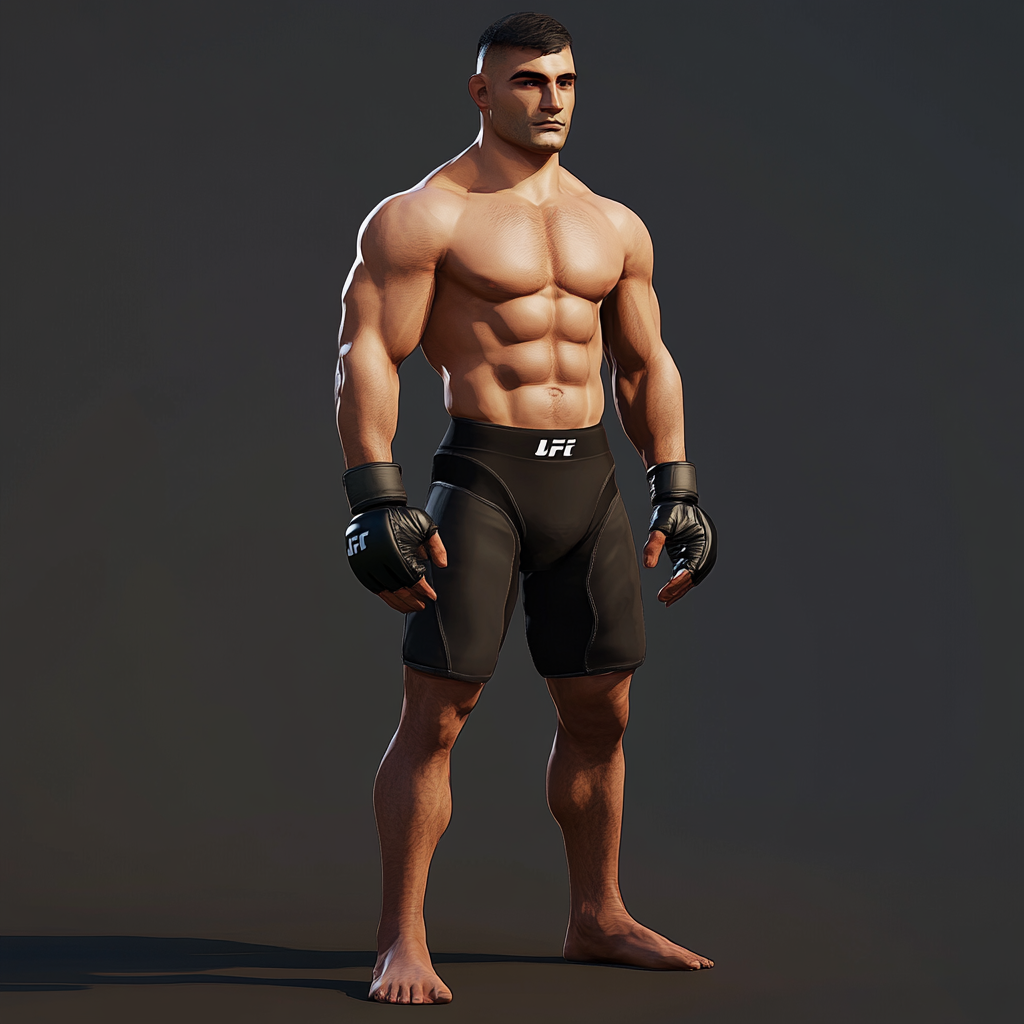 MMA fighter in black shorts and gloves, stylized graphics.