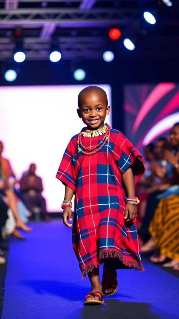 Maasai Boy Struts Confidently in Vibrant Traditional Attire.