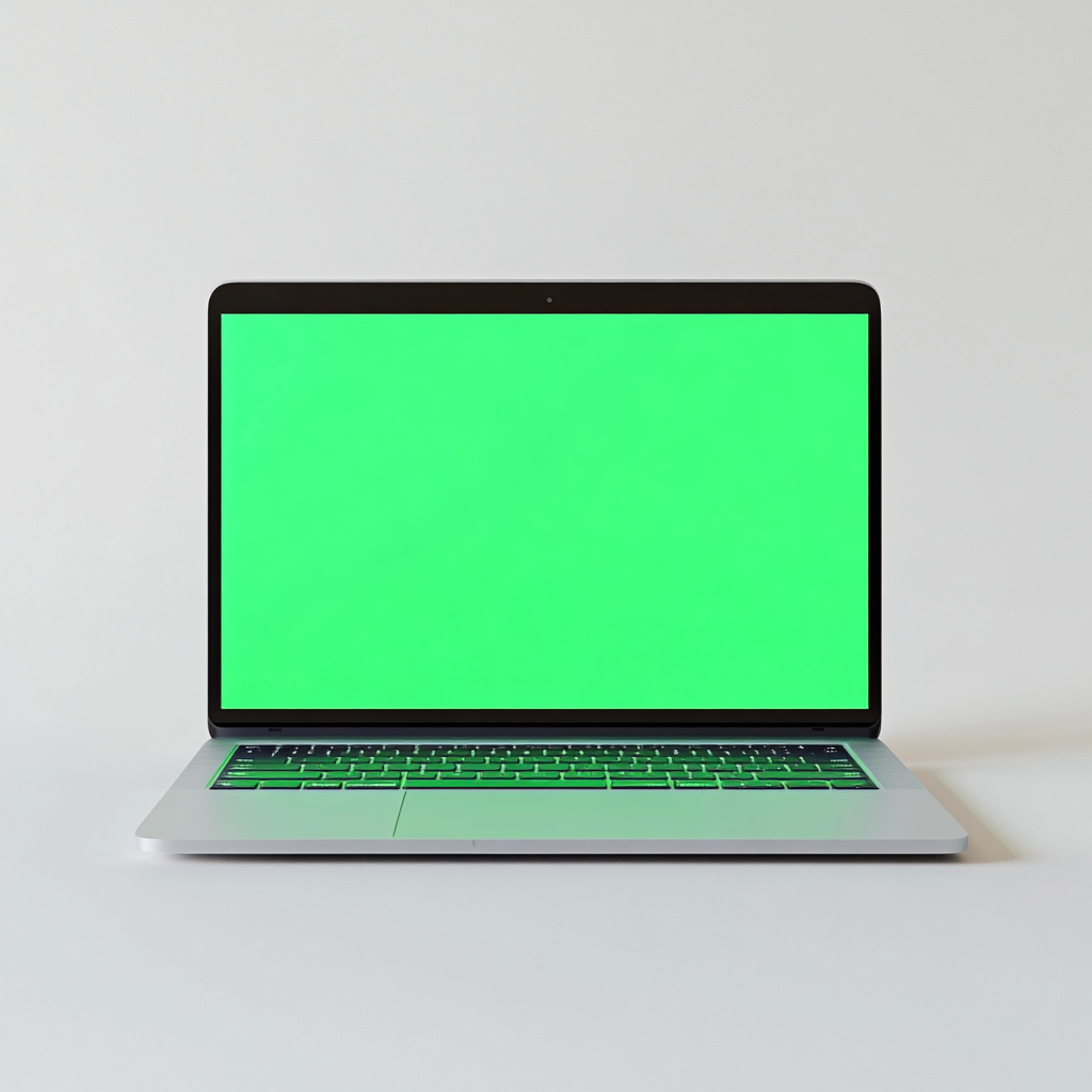 MacBook Pro with bright green screen on white background.