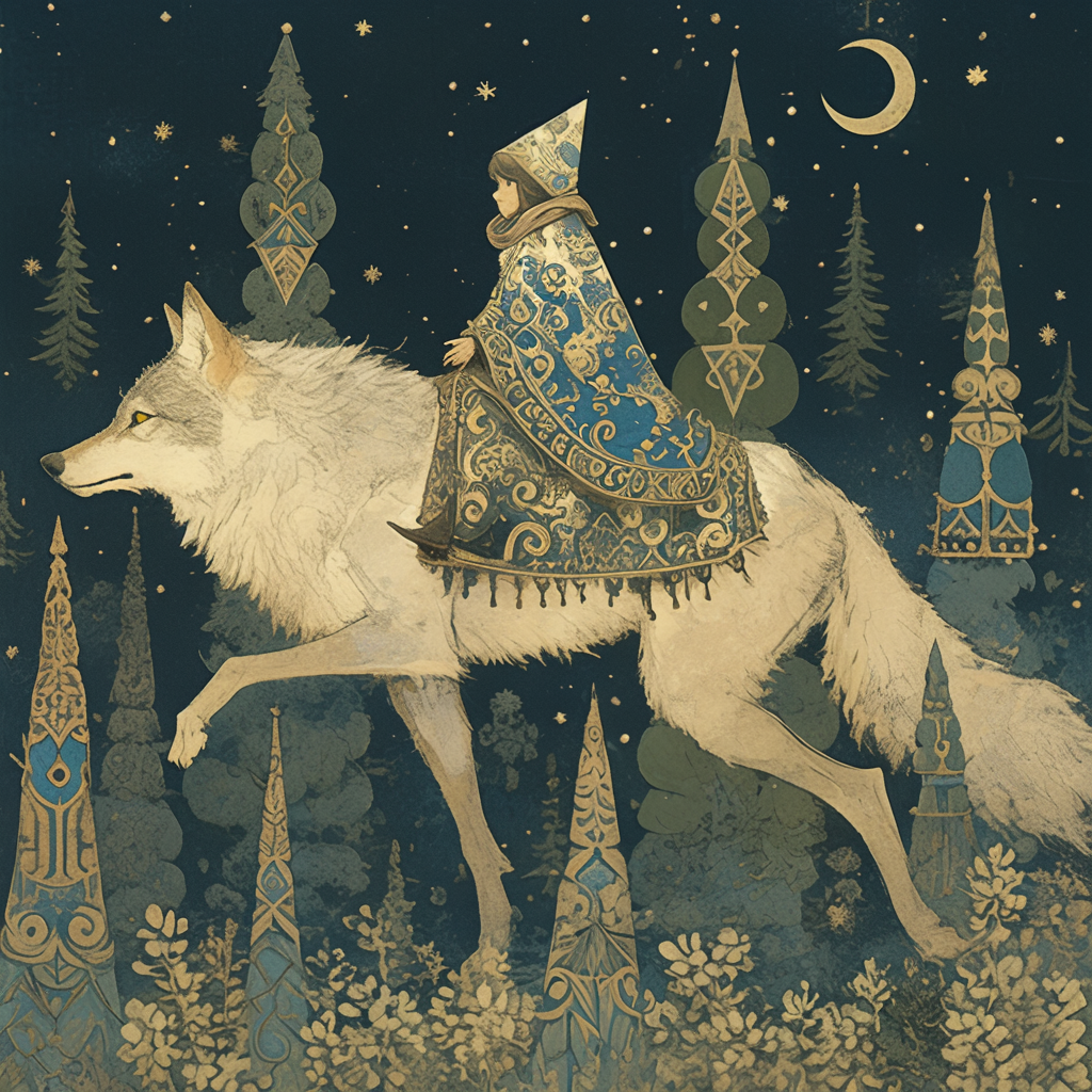 Macabre illustration of boy riding wolf in forest.