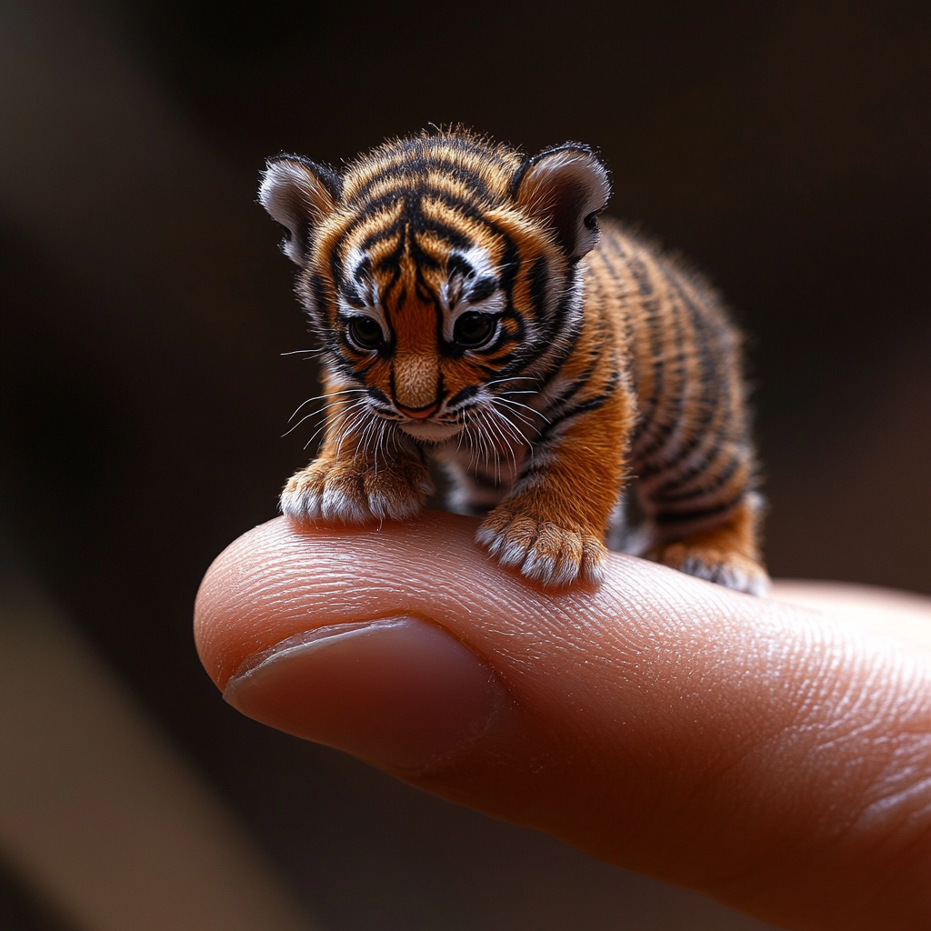 Macro photo of tiny tiger on human finger.