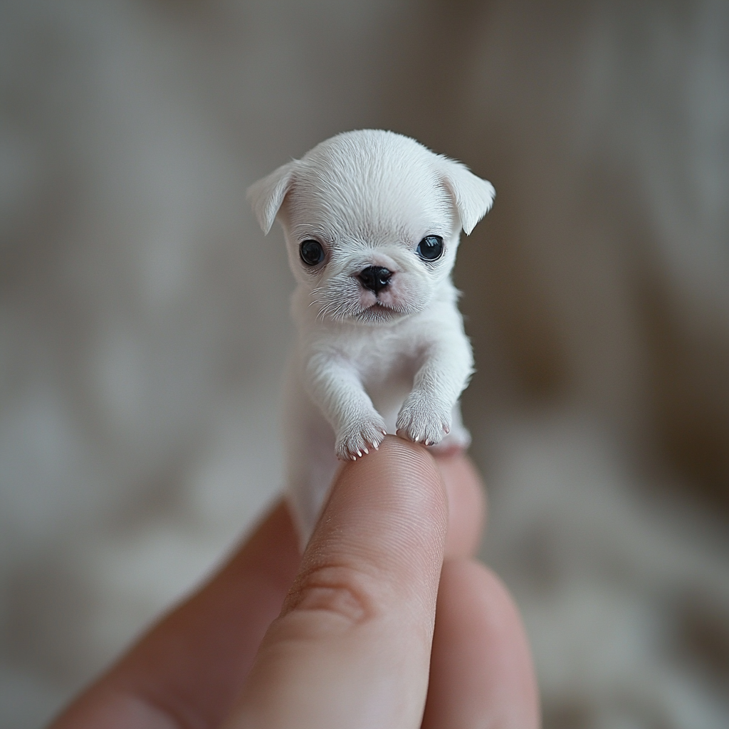 Macro photo of tiny white boxer dog on finger.