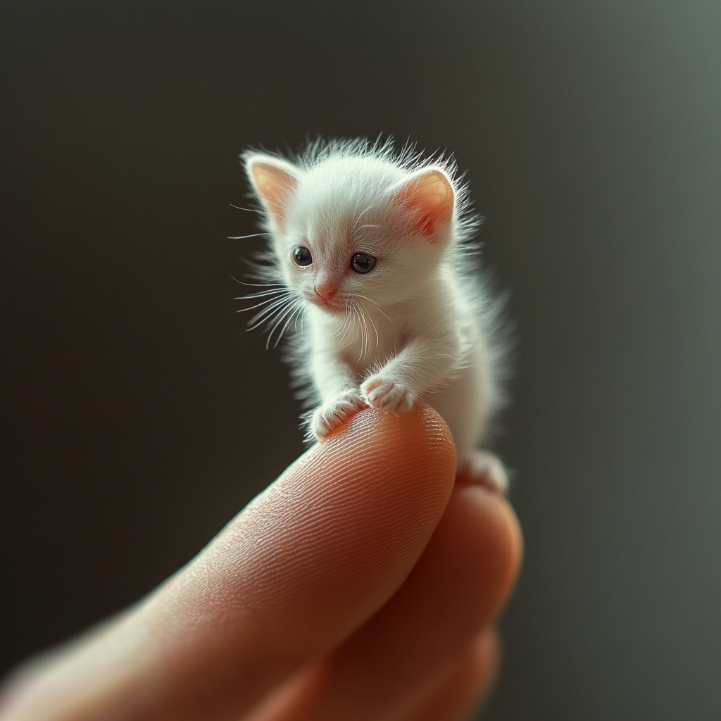 Macro photo of tiny white ragdoll kitten walking on finger.