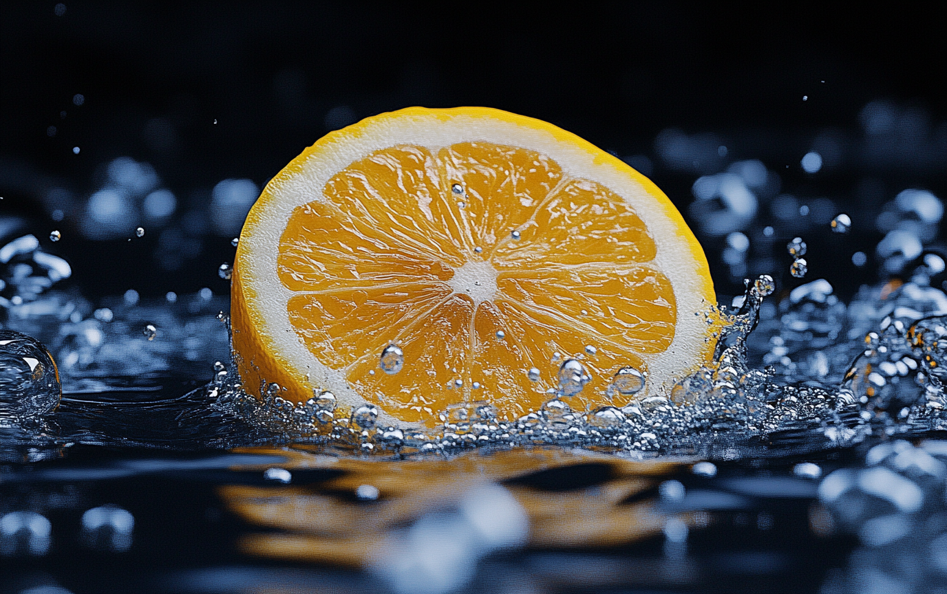 Macro-shot of lemon slice in sparkling water, high-detail contrast.