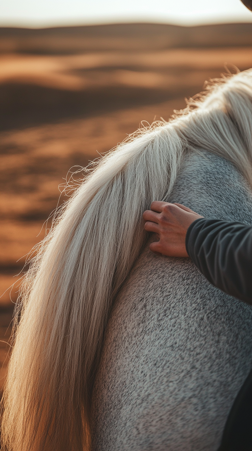 Macro view of female hands holding white horse.