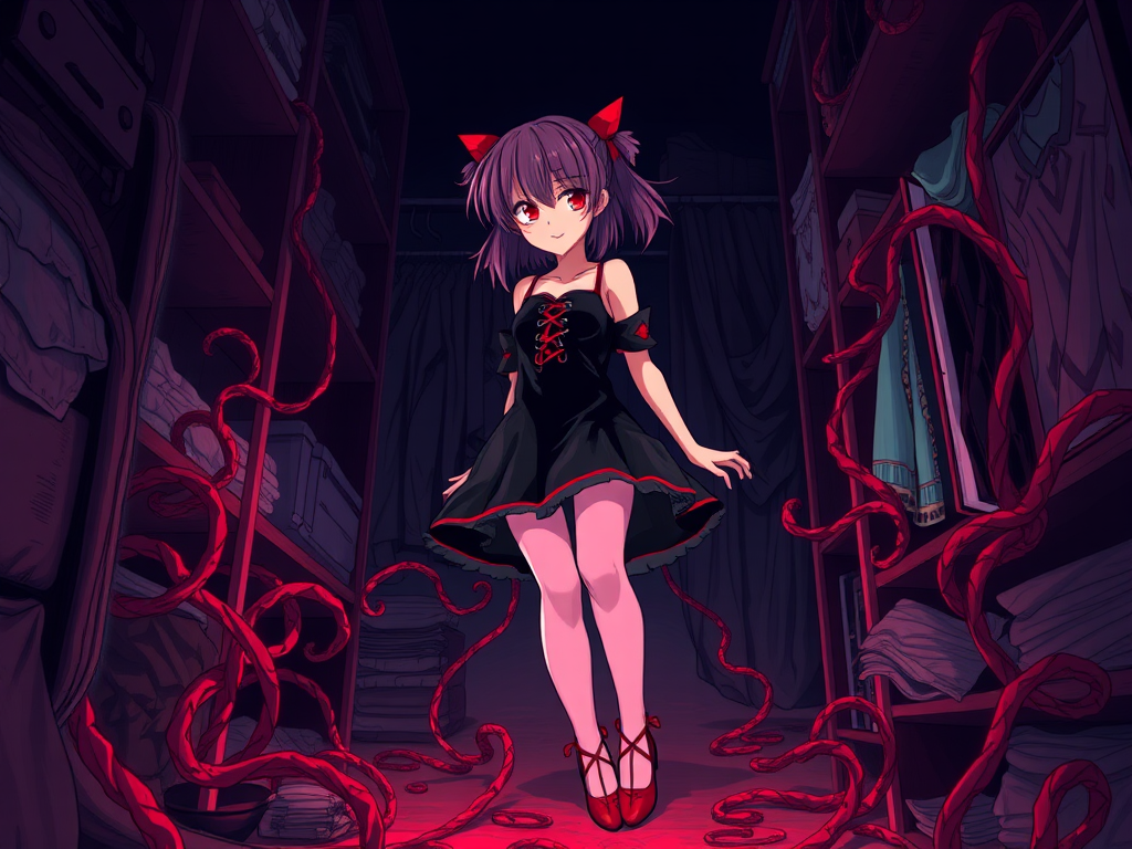 Madoka Kaname possessed by ghostly ballet flat shoes in closet.