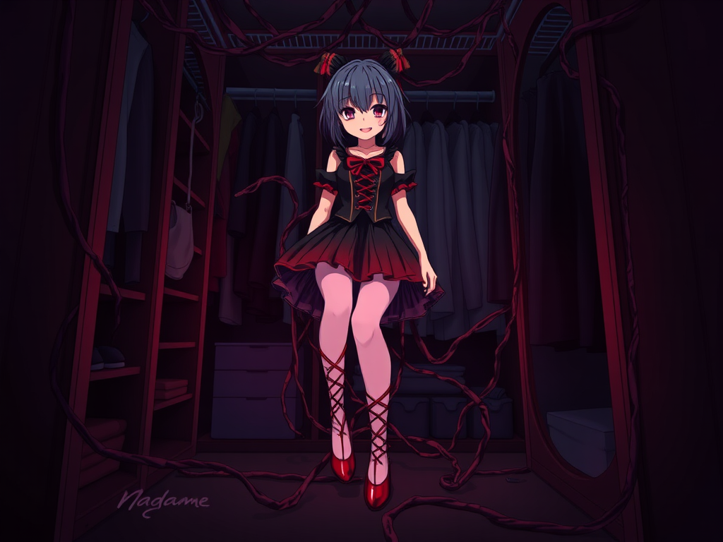 Madoka trapped in closet by demonic ballet flats.