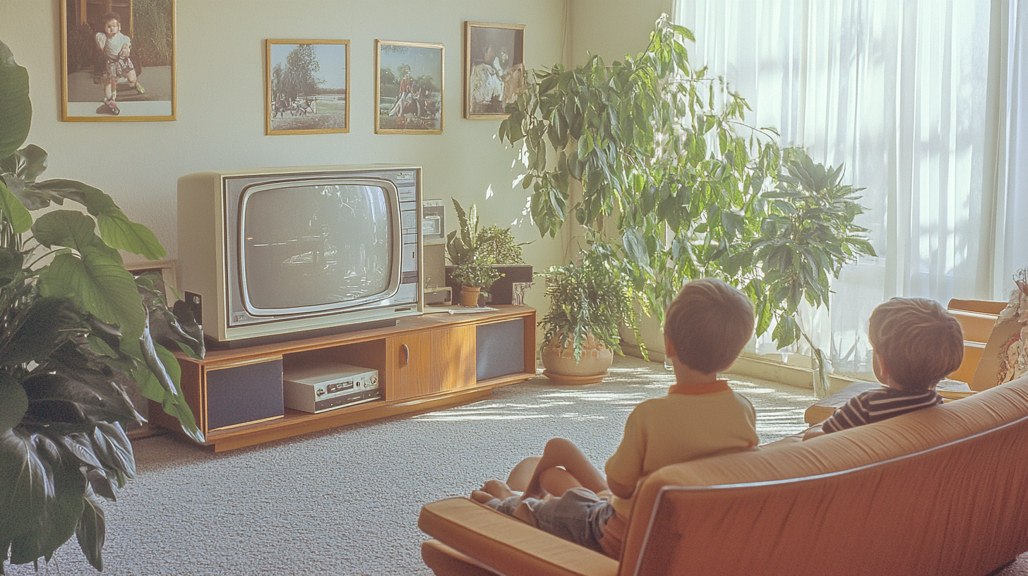 Magazine with suburban home living room, midcentury furniture, kids watching TV, and natural lighting.