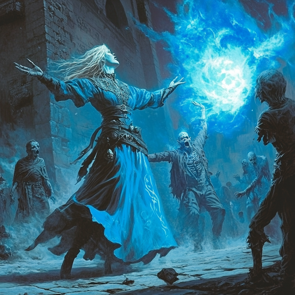 Mage banishing sorcerer with zombies in background at dawn.