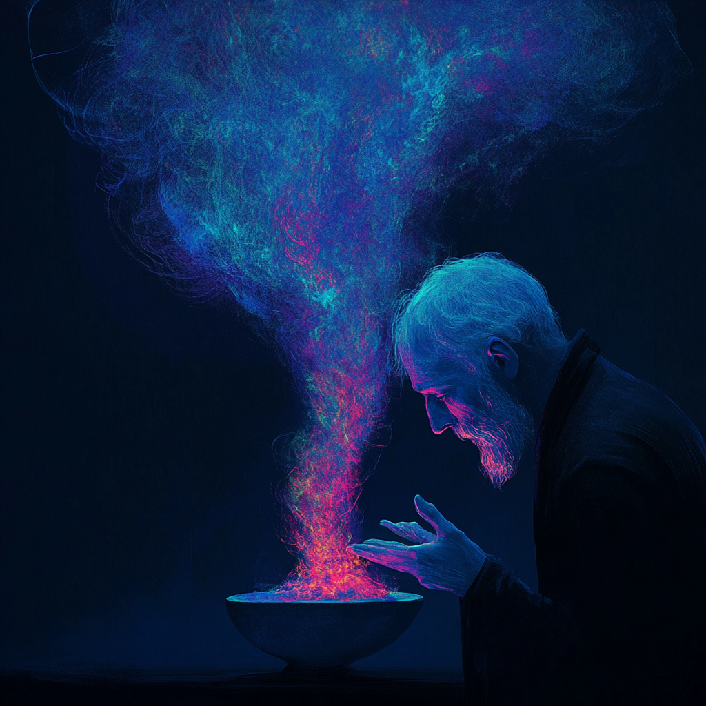 Mage conjures primordial spirit in blue and purple smoke.