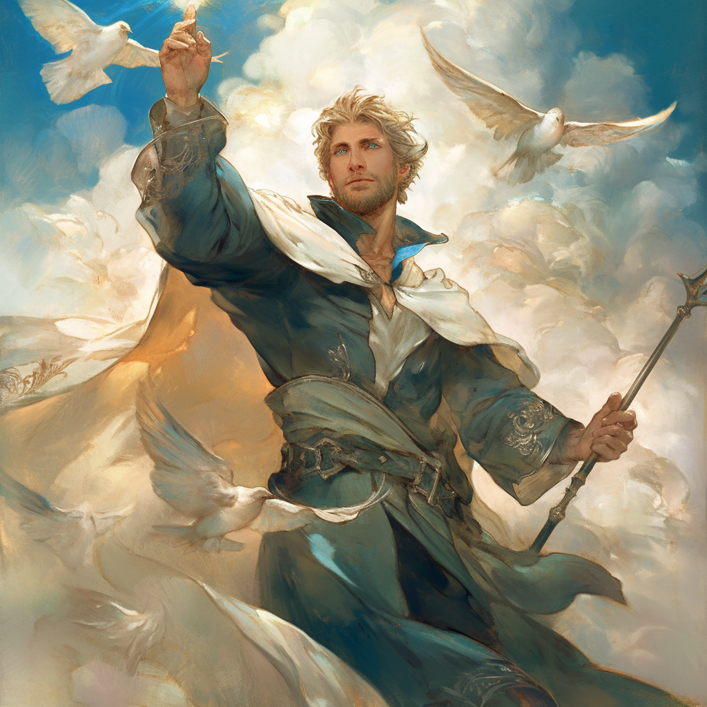 Mage man with staff in sky with birds.