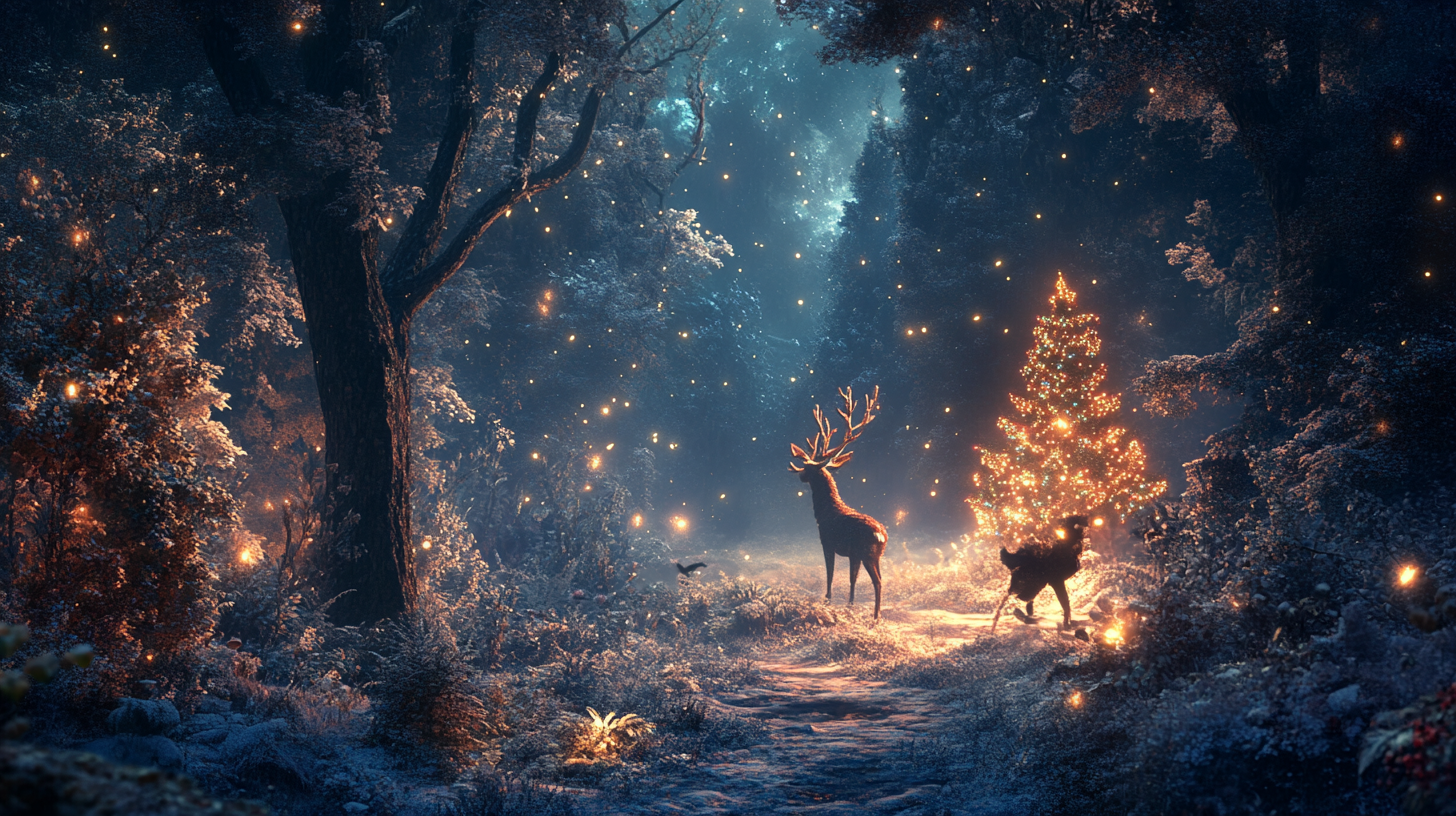 Magic Christmas event in dark forest, mysterious and beautiful.