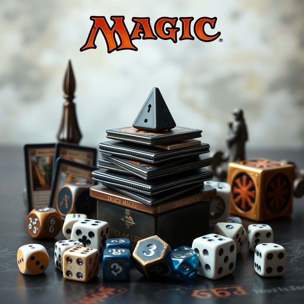 Magic cards and magical dice create a stack.