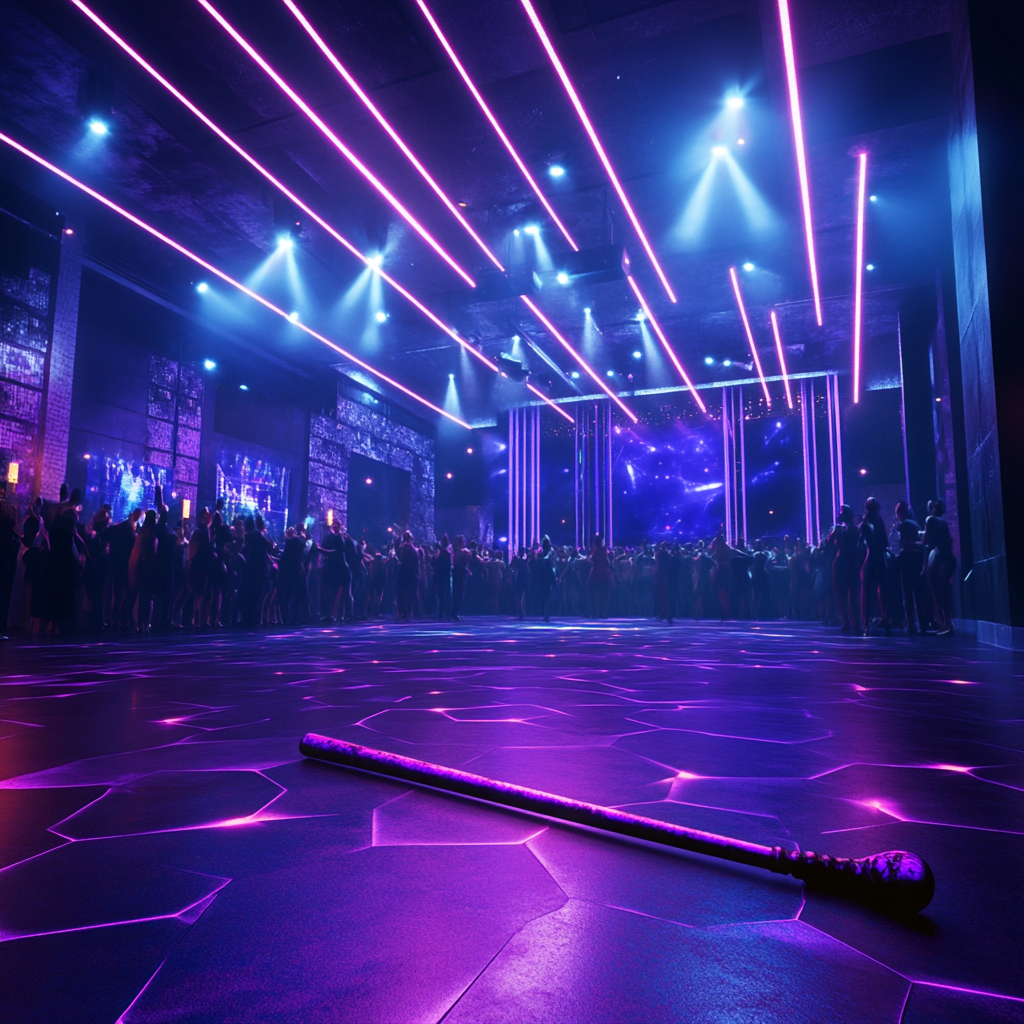 Magic wand on dancefloor in futuristic nightclub with LED screens.