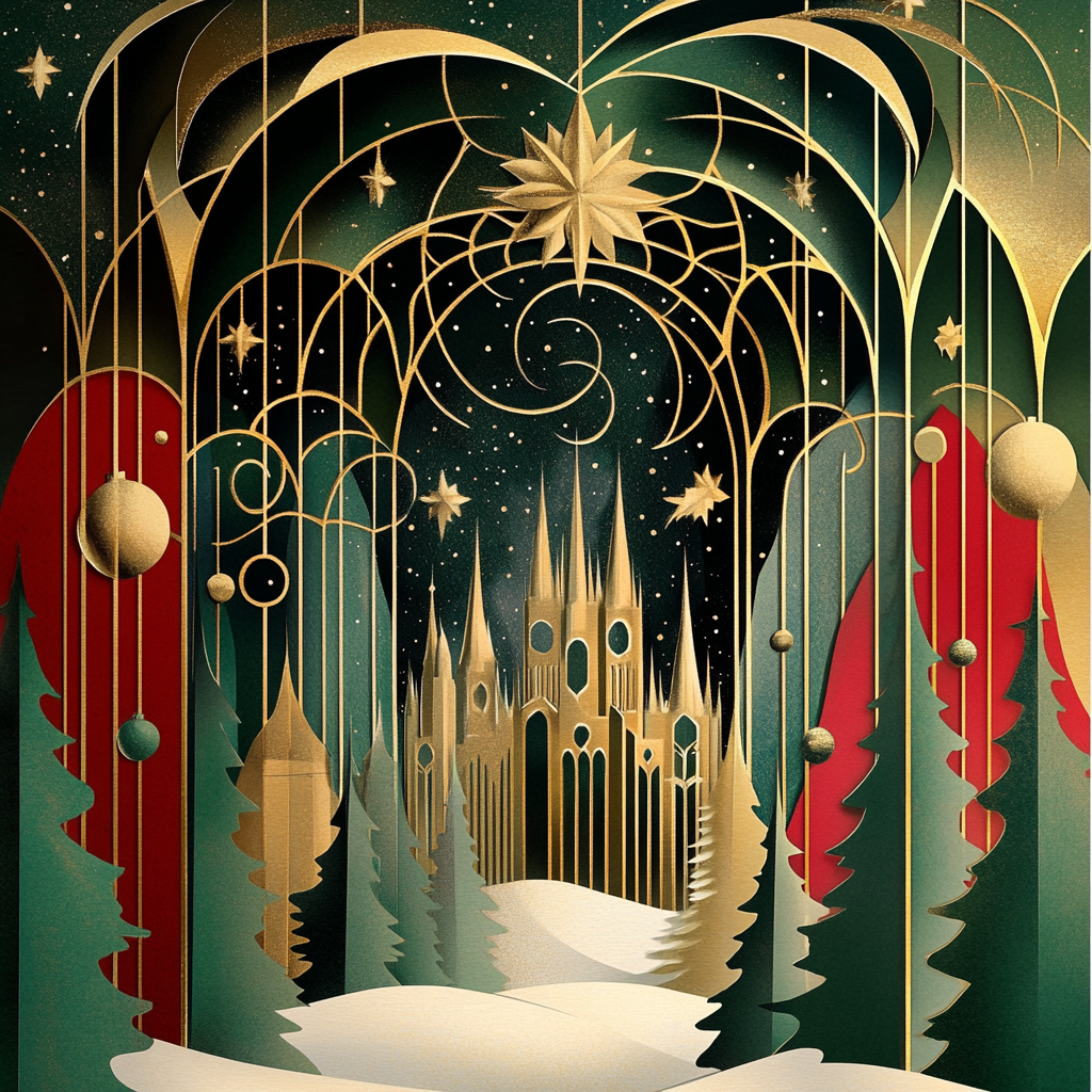 Magical Christmas scene in paper-cut-out design.