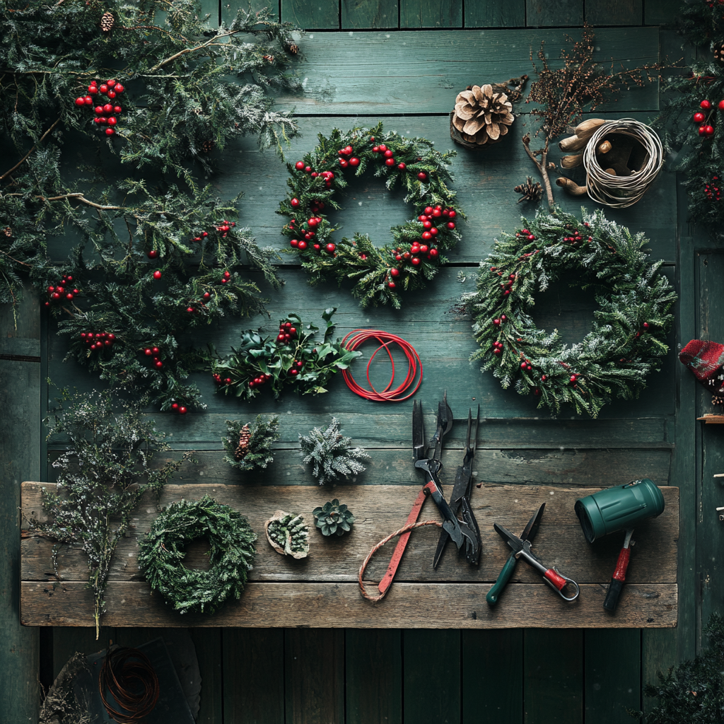 Magical Christmas wreath making workbench with festive decorations.