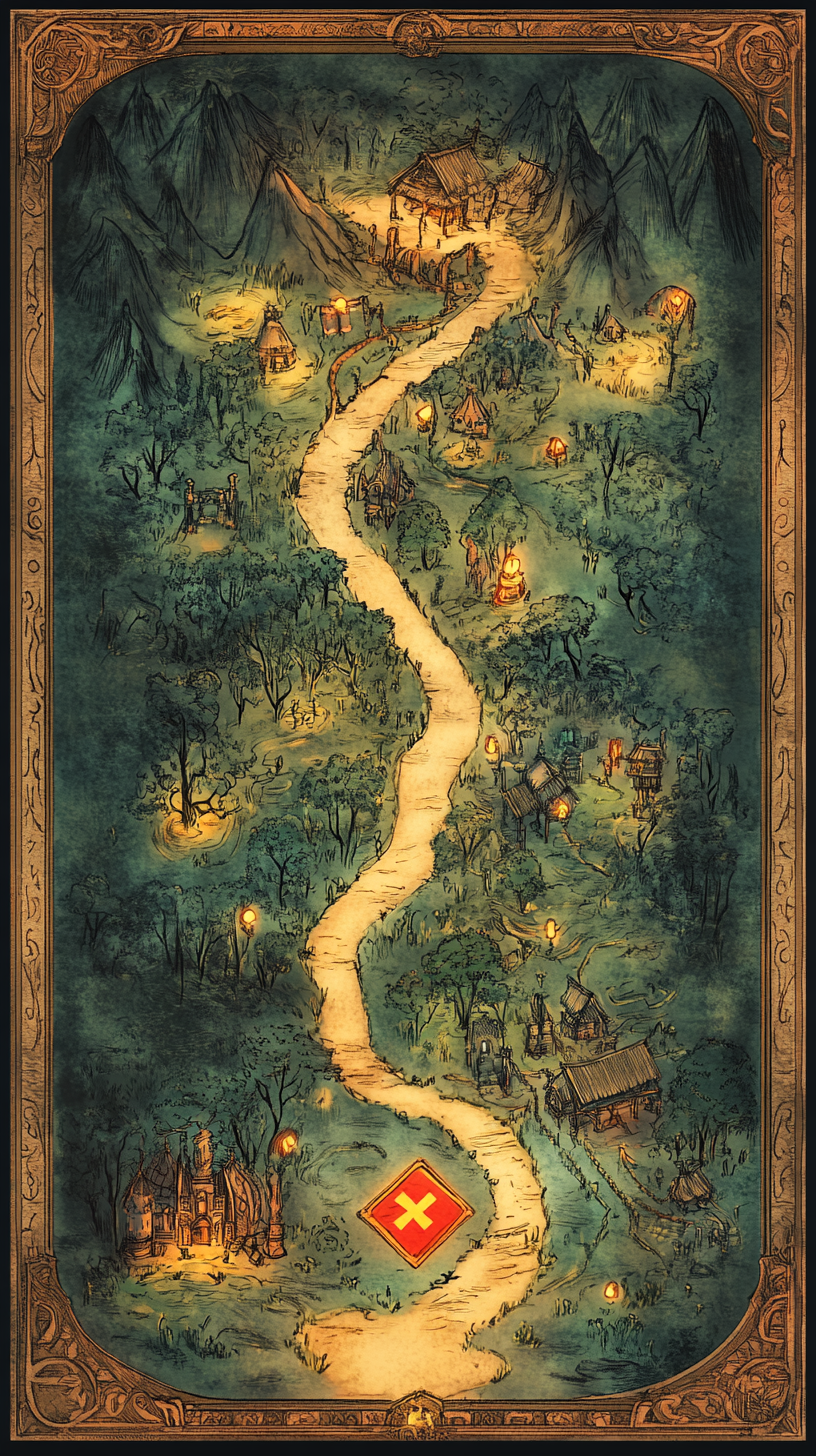 Magical Disney-style Quest Map with Obstacles and Landmarks