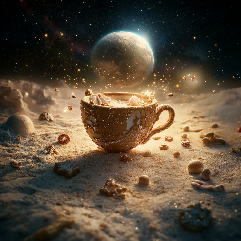 Magical Gingerbread Cup on Moon with Christmas Sweets