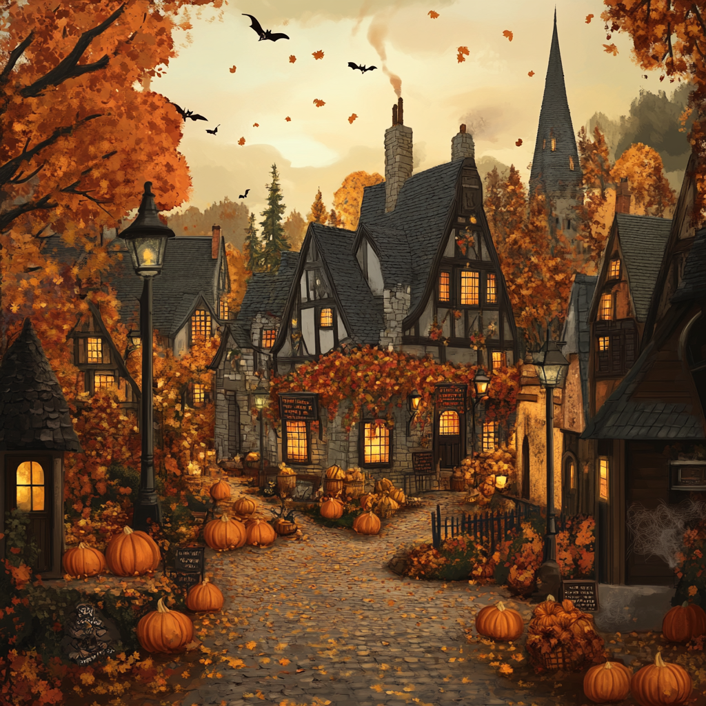 Magical Harry Potter autumn scene with pumpkin patches and wizards.