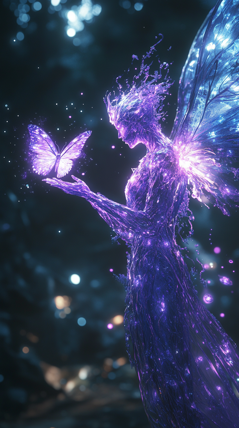 Magical Purple Figure Playing with Glowing Butterfly