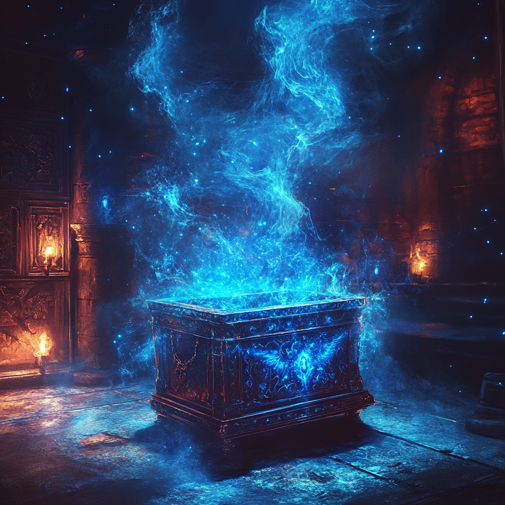 Magical chest with blue light reveals unknown powers.