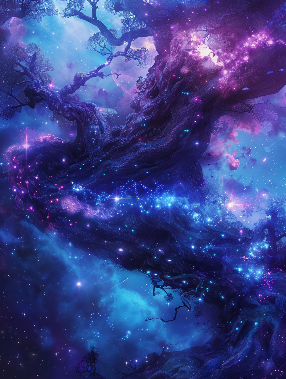 Magical forest spirit creates dazzling fire in galaxy.