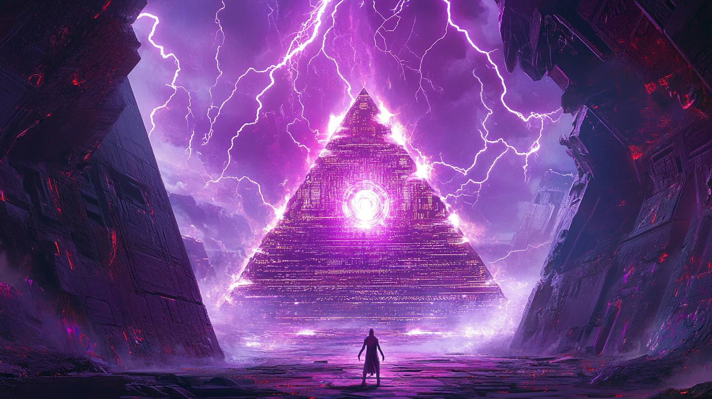 Magical futuristic pyramids with lightning power and aura