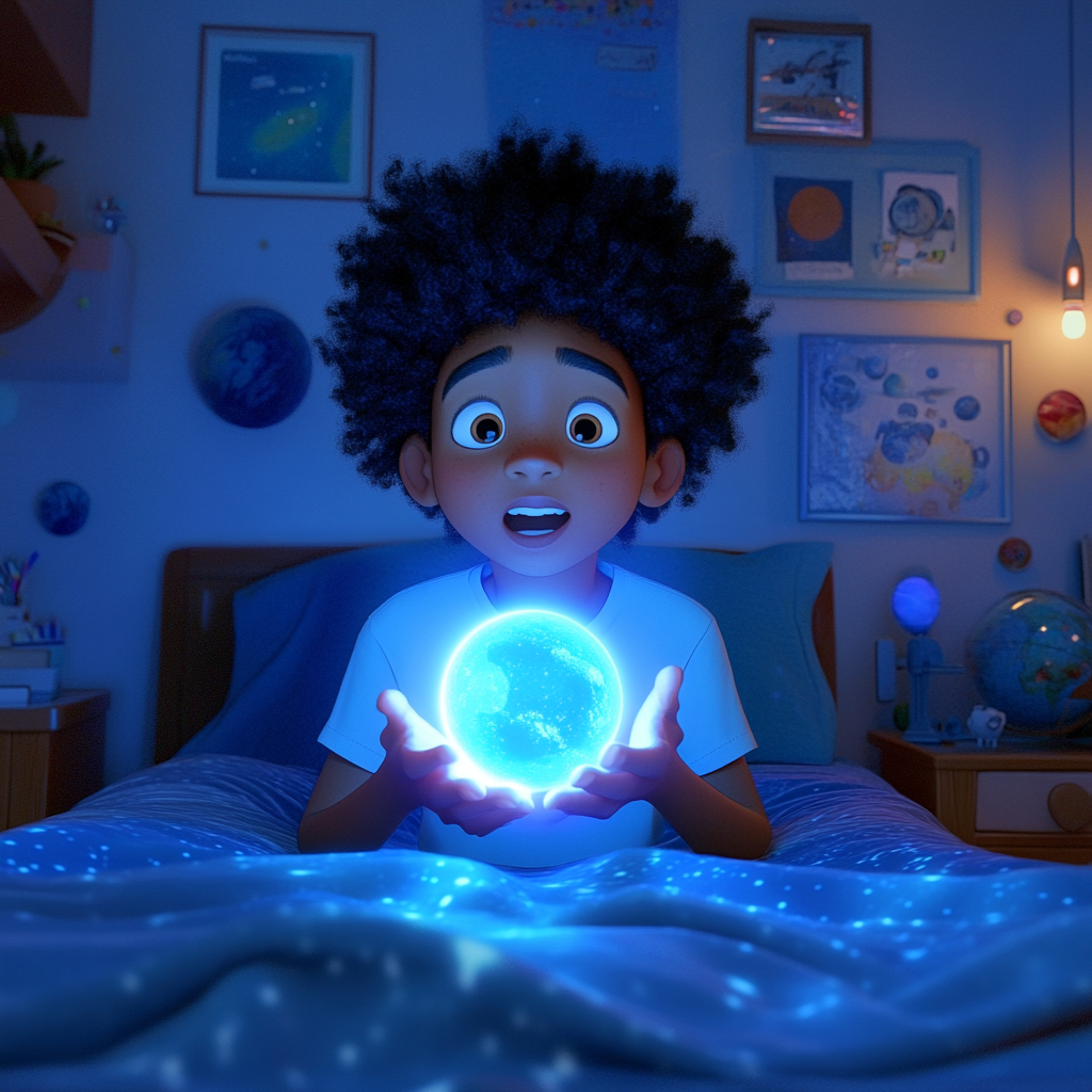 Magical moment: Boy with glowing blue sphere