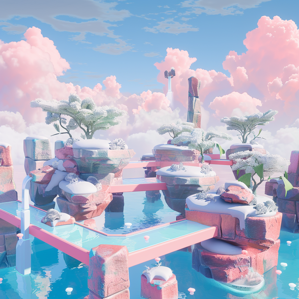 Magical open world videogame with pink and blue