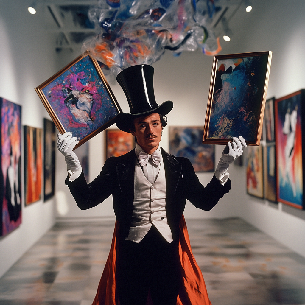 Magician in vintage clothes pulls paintings out of hat.