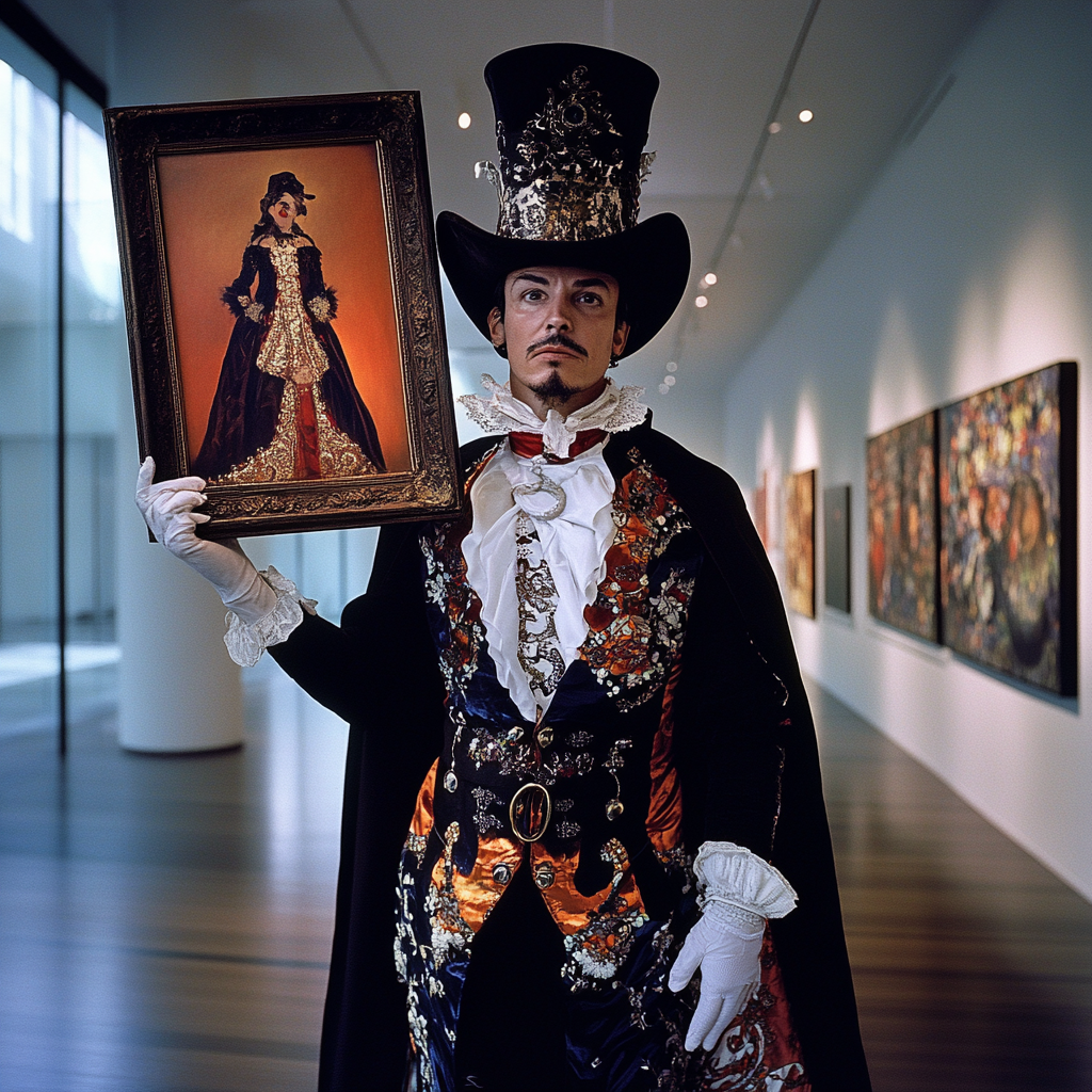 Magician in vintage costume pulls painting from top hat.