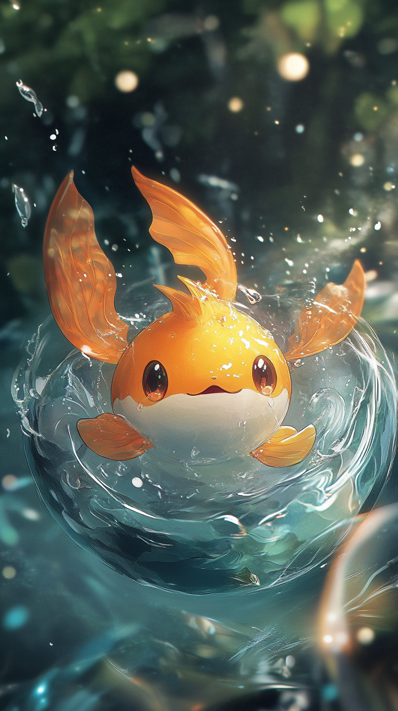 Magikarp hatches from egg, surrounded by glowing water droplets.