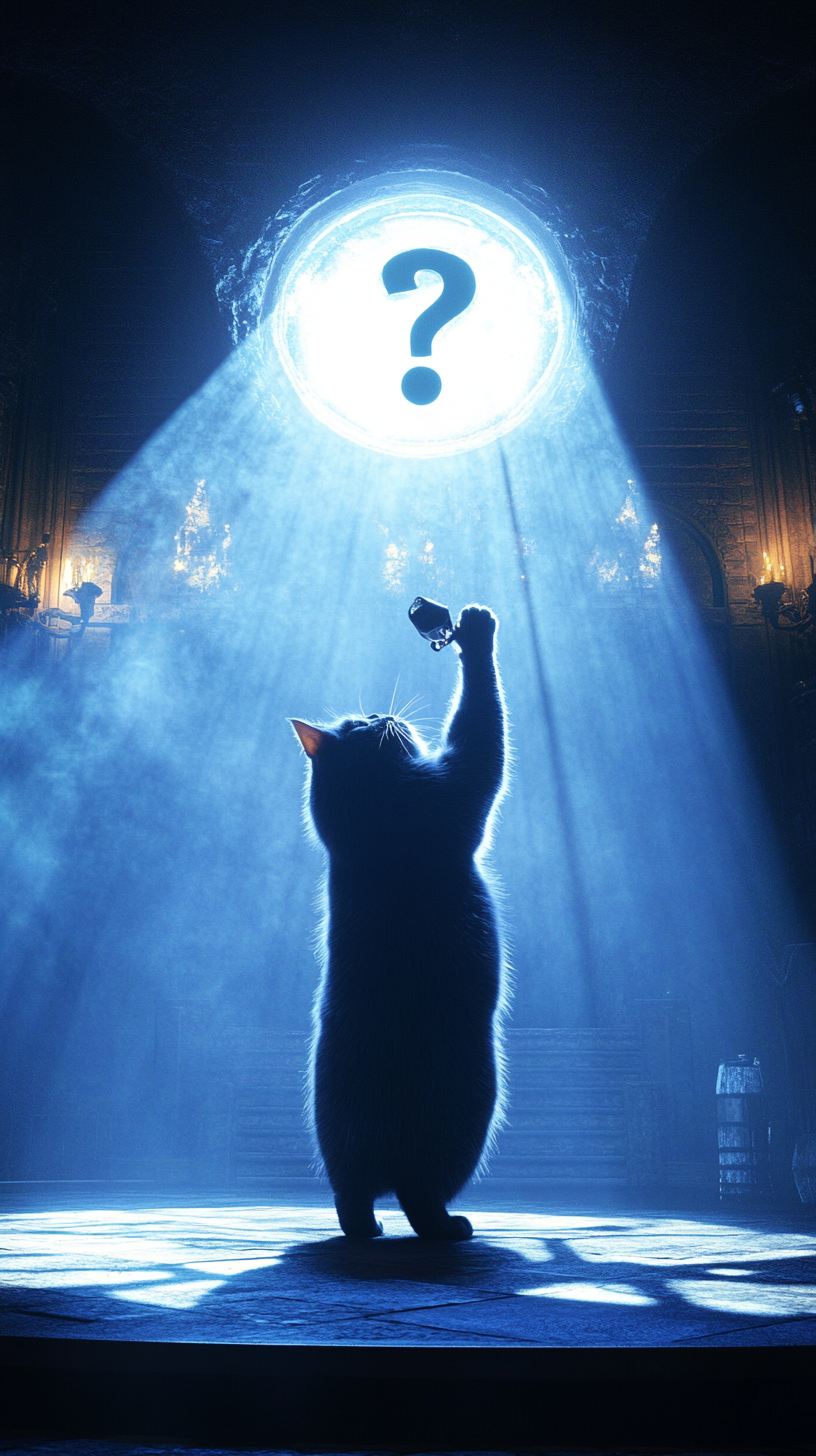 Magnificent stage with bright spotlights, huge cat holds microphone.