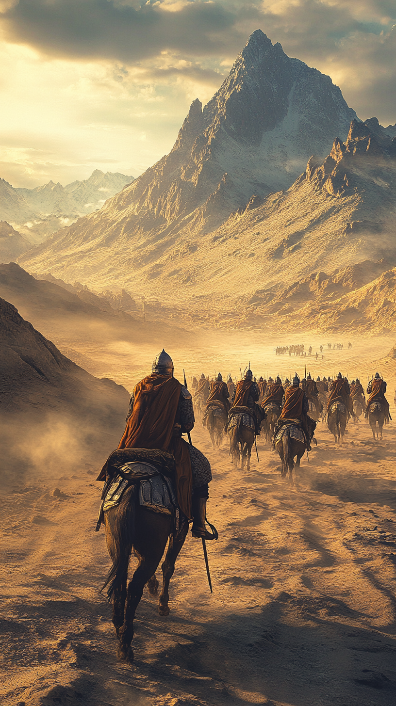 Mahmud of Ghazni leading army across vast plains.