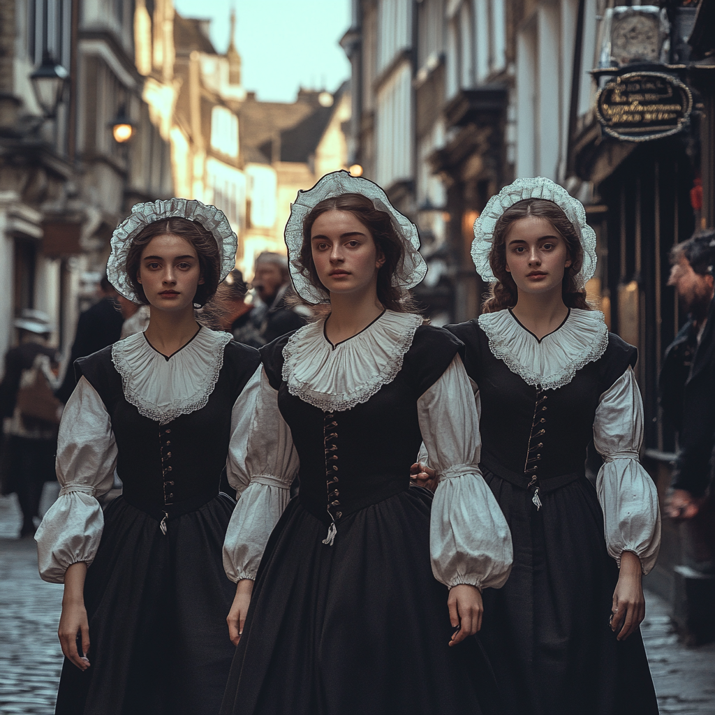 Maid girls walking through crowded London street.